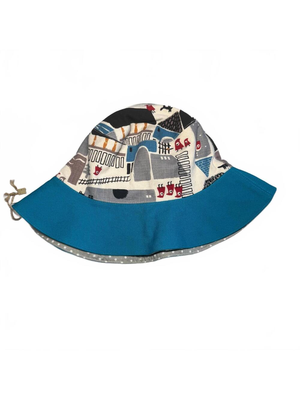 H!KA Hika NWOT Bucket Hat Kids M Blue Scandinavian Village Polka Dot Sun Hat